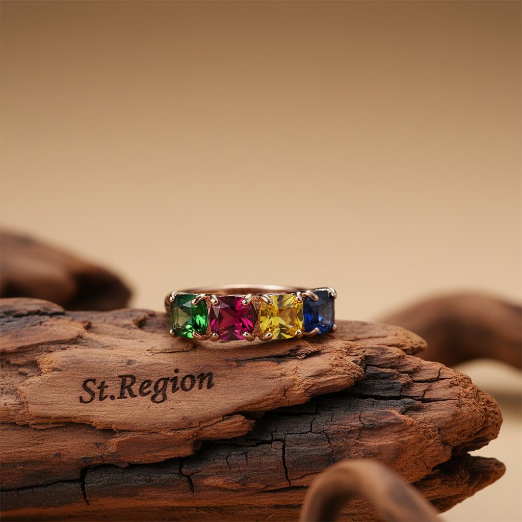 Crystal and 18K Rose Gold-Plated Blue Princess-Cut Ring, rose gold statement rings for women, botanical inspired, front view