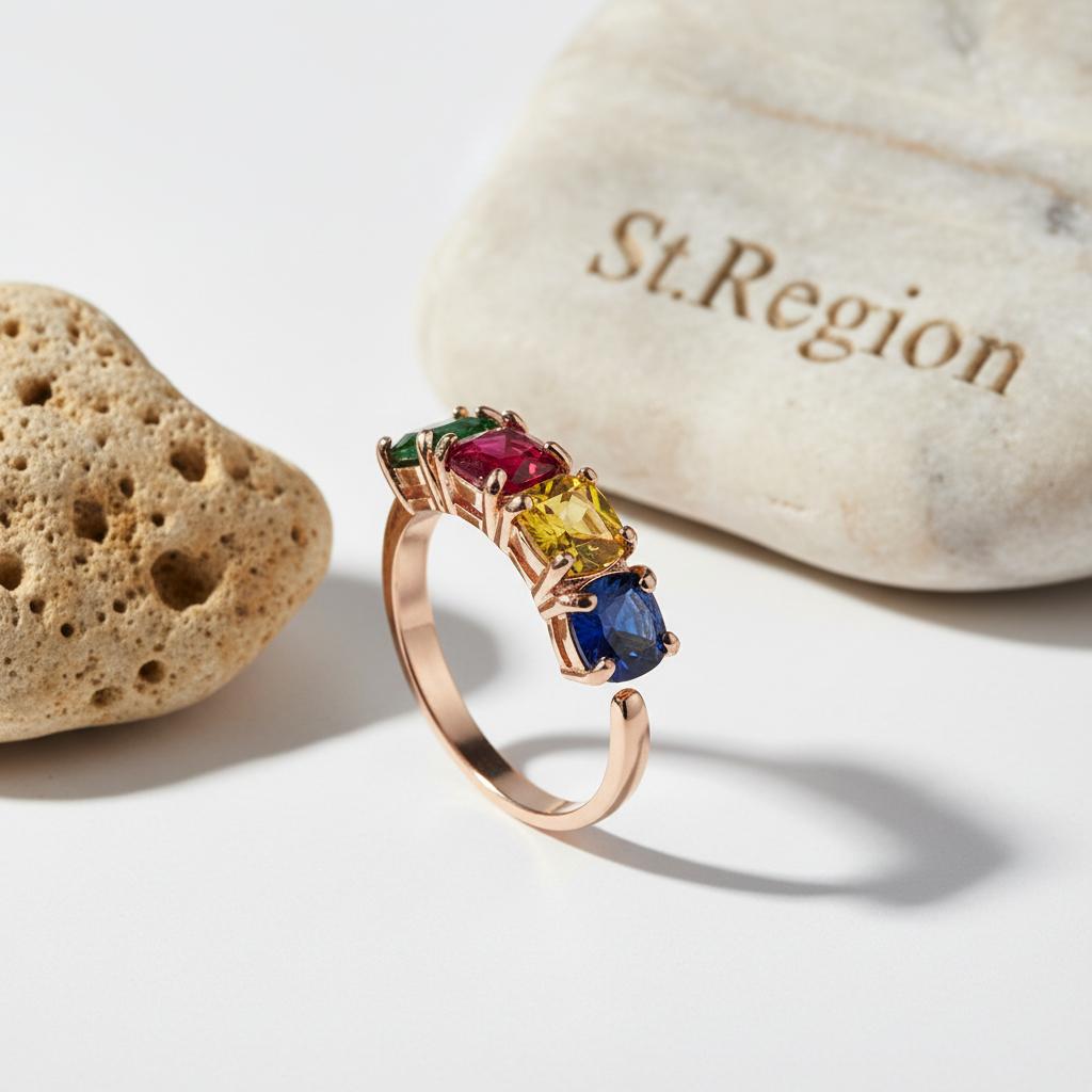 Crystal and 18K Rose Gold-Plated Blue Princess-Cut Ring, rose gold statement rings for women, detail close-up
