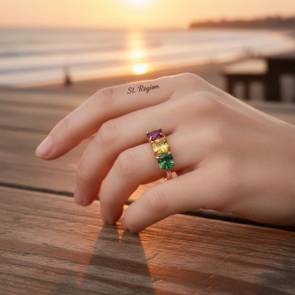 Crystal and 18K Rose Gold-Plated Blue Princess-Cut Ring, rose gold statement rings for women, botanical inspired, styled look