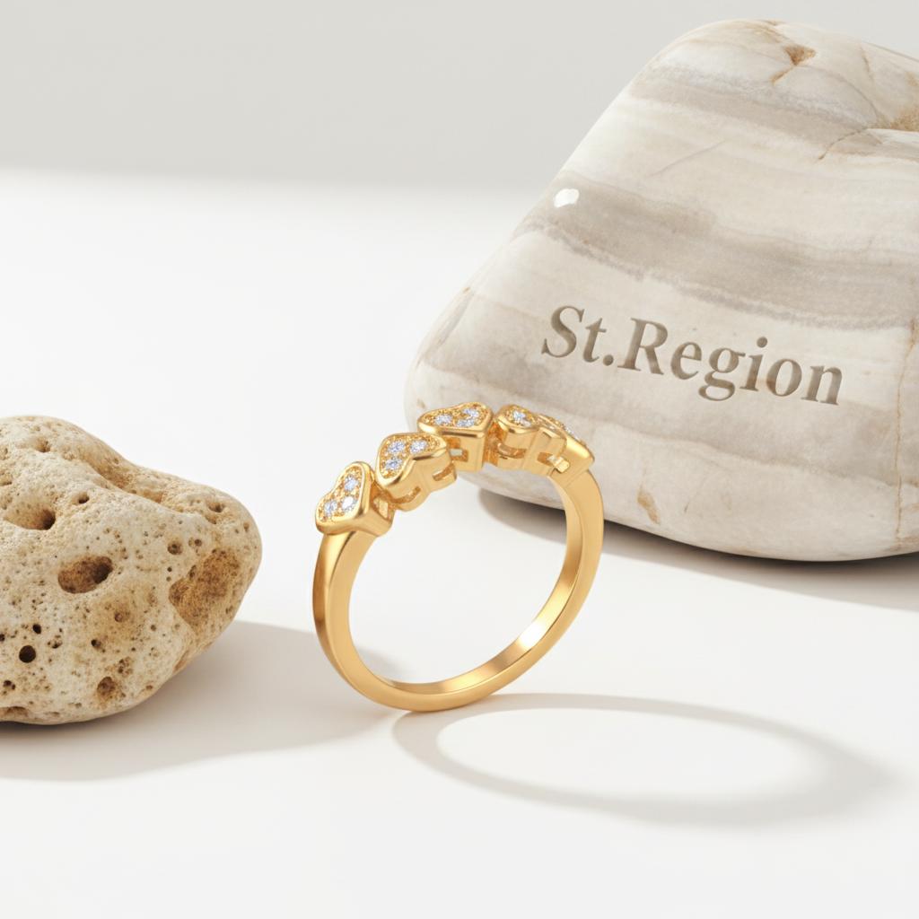 Cubic Zirconia and 18K Gold-Plated Heart Band Ring, gold statement rings for women, botanical inspired, detail close-up