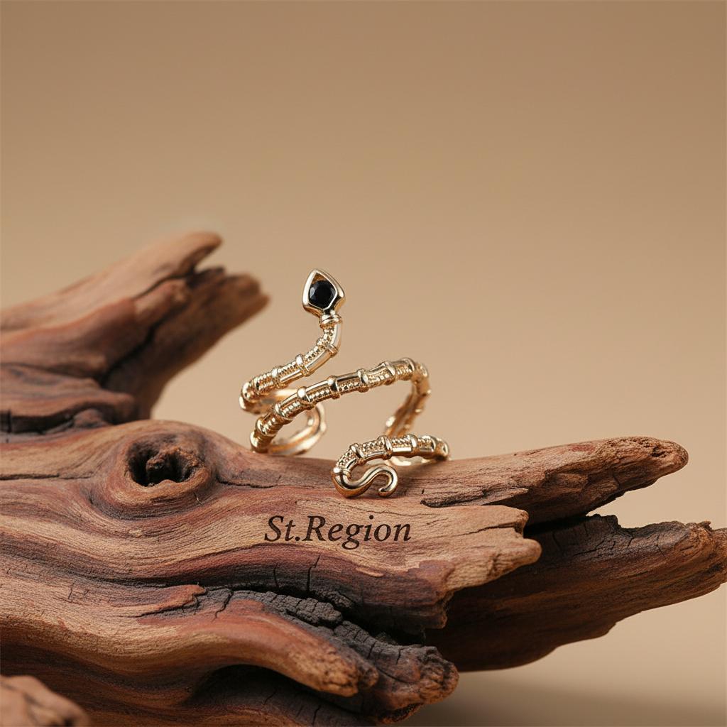 Black Cubic Zirconia and 18K Gold-Plated Snake Layered Open Ring, gold statement rings for women, everyday style, front view