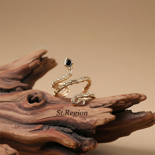 Black Cubic Zirconia & 18K Gold-Plated Snake Layered Open Ring
