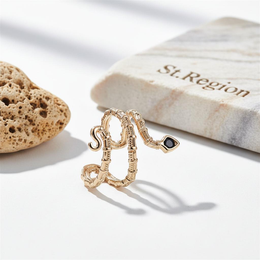 Black Cubic Zirconia and 18K Gold-Plated Snake Layered Open Ring, gold statement rings for women, detail close-up