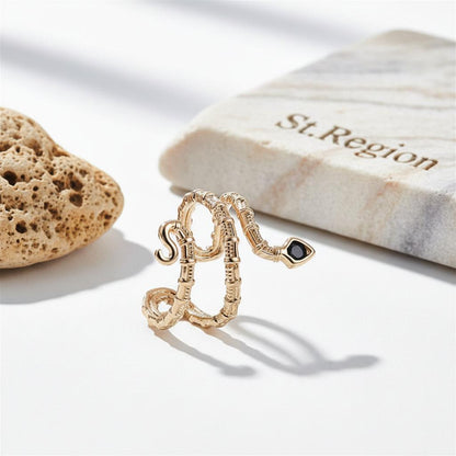 Black Cubic Zirconia and 18K Gold-Plated Snake Layered Open Ring, gold statement rings for women, detail close-up