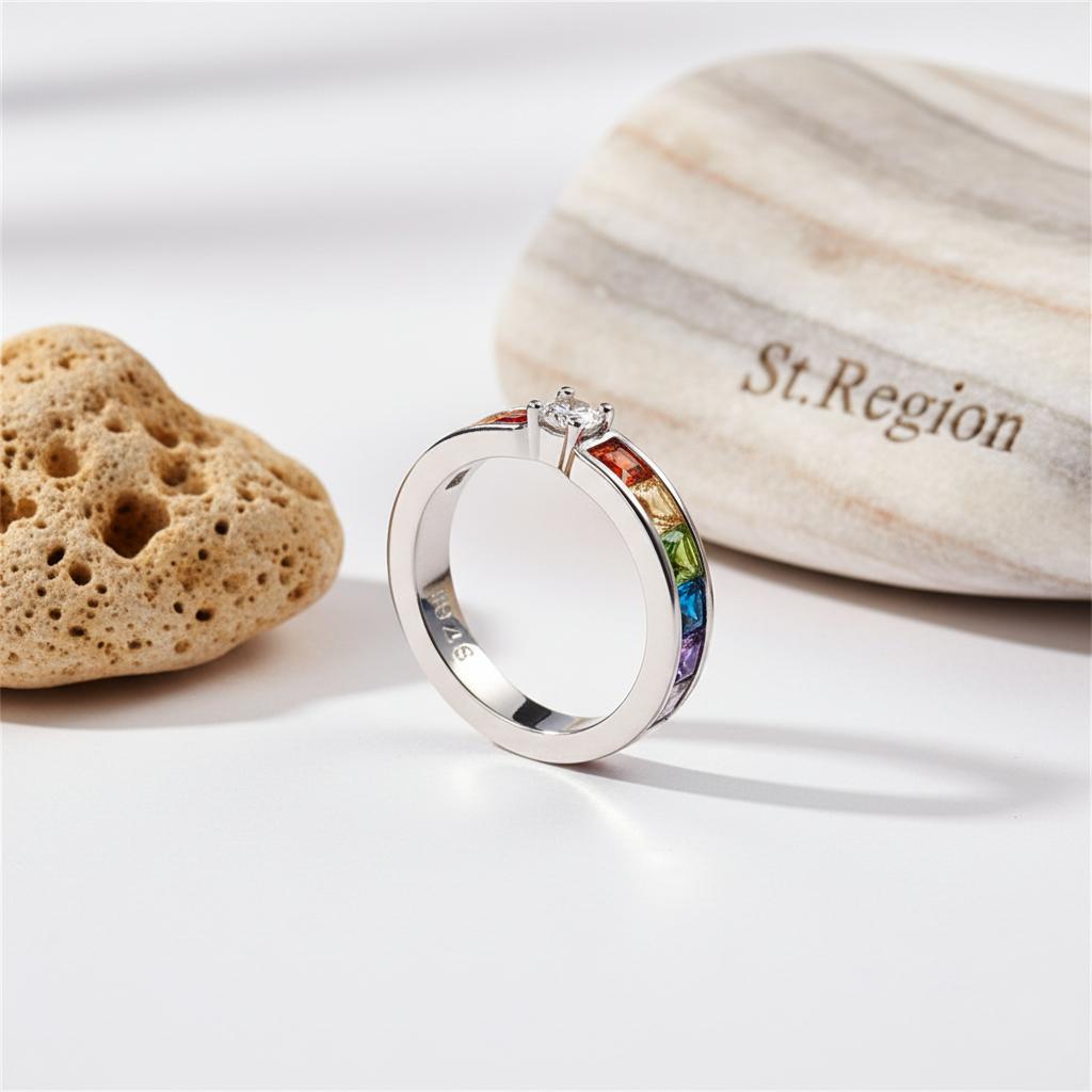 Jewel-Tone Crystal and Cubic Zirconia Channel Ring, statement rings for women, botanical inspired, detail close-up