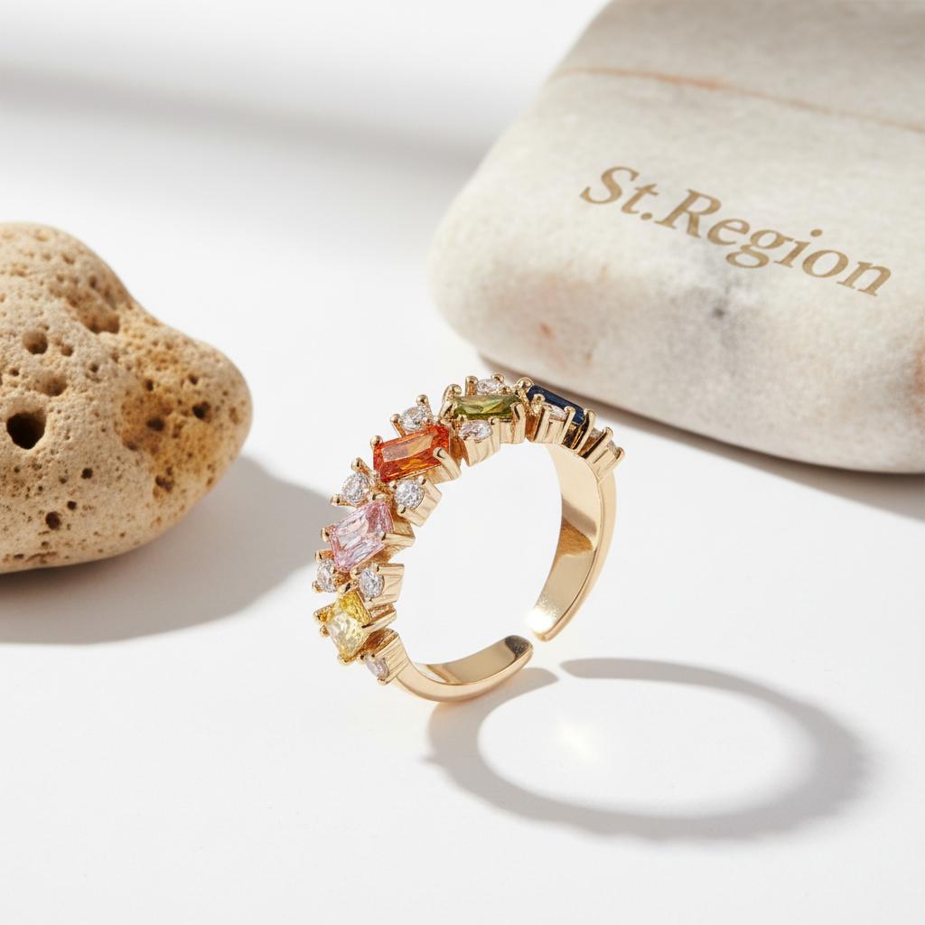 Yellow Crystal and Cubic Zirconia 18K Gold-Plated Open Ring, gold statement rings for women, everyday style, detail close-up