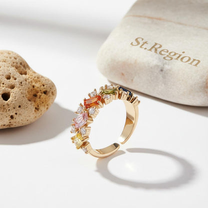 Yellow Crystal and Cubic Zirconia 18K Gold-Plated Open Ring, gold statement rings for women, everyday style, detail close-up