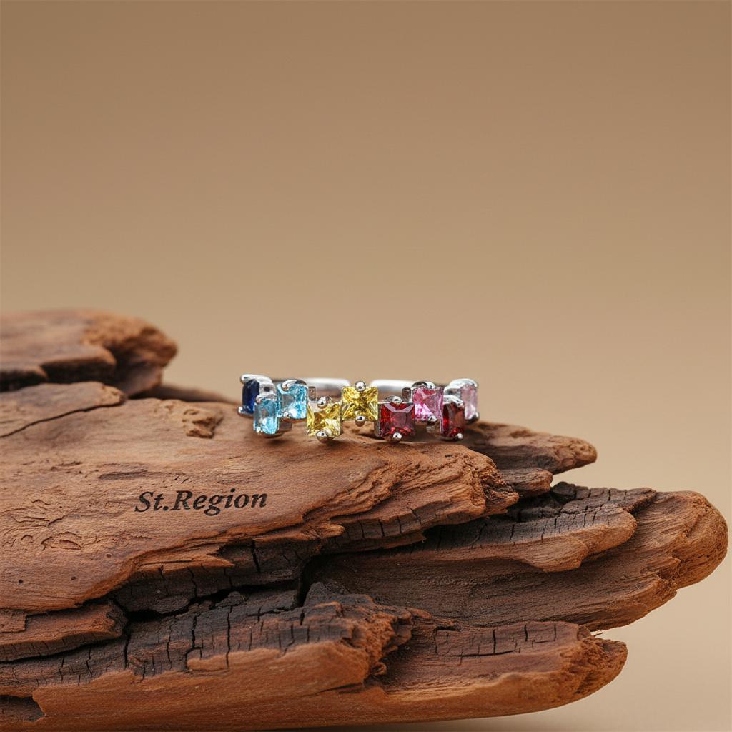 Jewel-Tone Crystal and Silver-Plated Princess-Cut Open Ring, silver statement rings for women, botanical inspired, front view