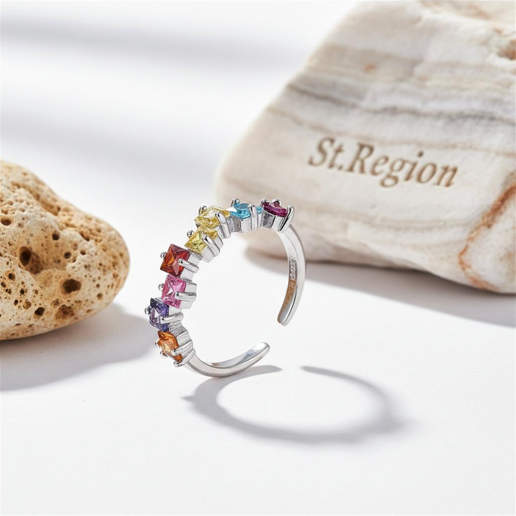 Jewel-Tone Crystal and Silver-Plated Princess-Cut Open Ring, silver statement rings for women, detail close-up