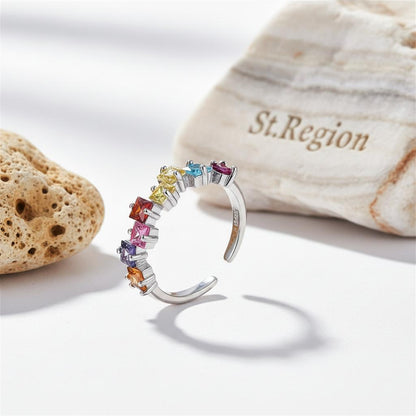 Jewel-Tone Crystal and Silver-Plated Princess-Cut Open Ring, silver statement rings for women, detail close-up