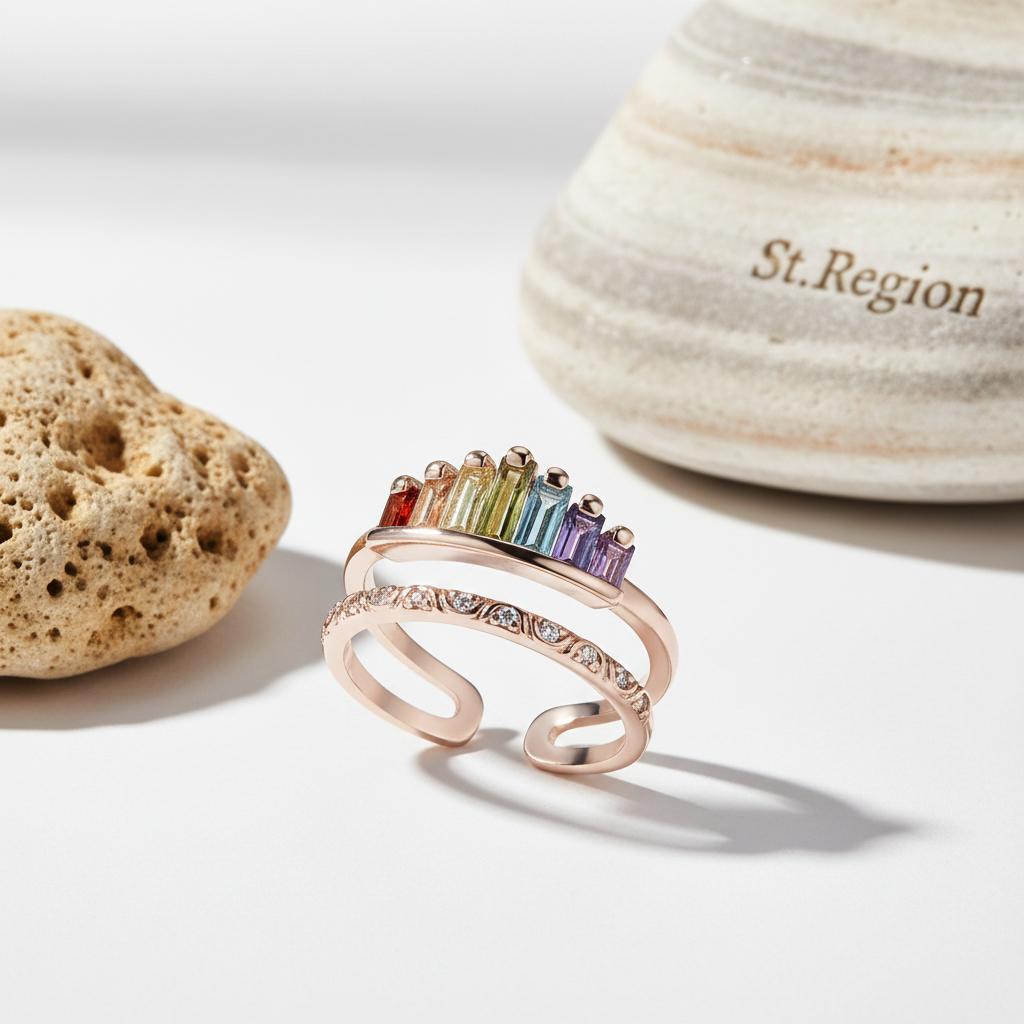 Green Multicolor Crystal and 18K Rose Gold-Plated Crown Open Ring, rose gold statement rings for women, detail close-up