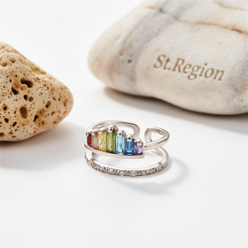 Multicolor Crystal and Silver-Plated Crown Open Ring, silver statement rings for women, detail close-up