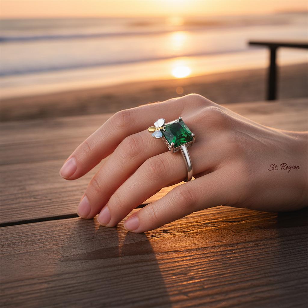 Green Crystal and Two-Tone Bee Emerald-Cut Ring, statement rings for women, vintage-inspired design, styled look