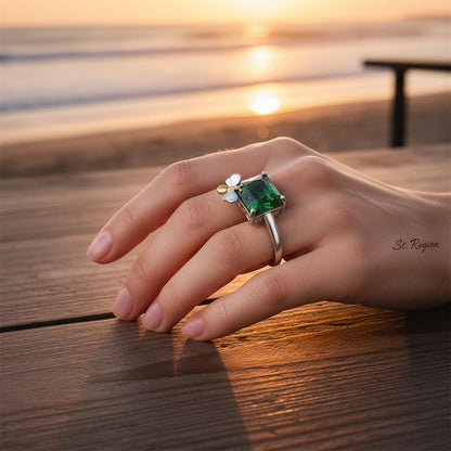 Green Crystal and Two-Tone Bee Emerald-Cut Ring, statement rings for women, vintage-inspired design, styled look