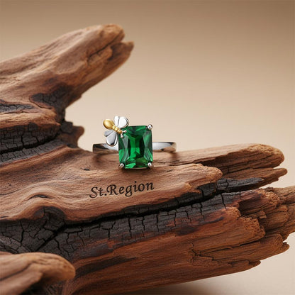 Green Crystal and Two-Tone Bee Emerald-Cut Ring, statement rings for women, vintage-inspired design, front view