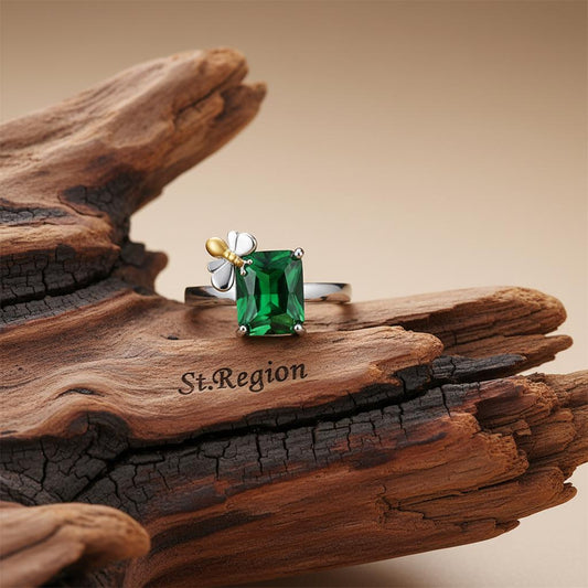 Green Crystal & Two-Tone Bee Emerald-Cut Ring