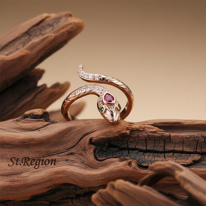 Red Crystal and Cubic Zirconia Snake Adjustable Bypass Ring, statement rings for women, elegant gift for her, front view