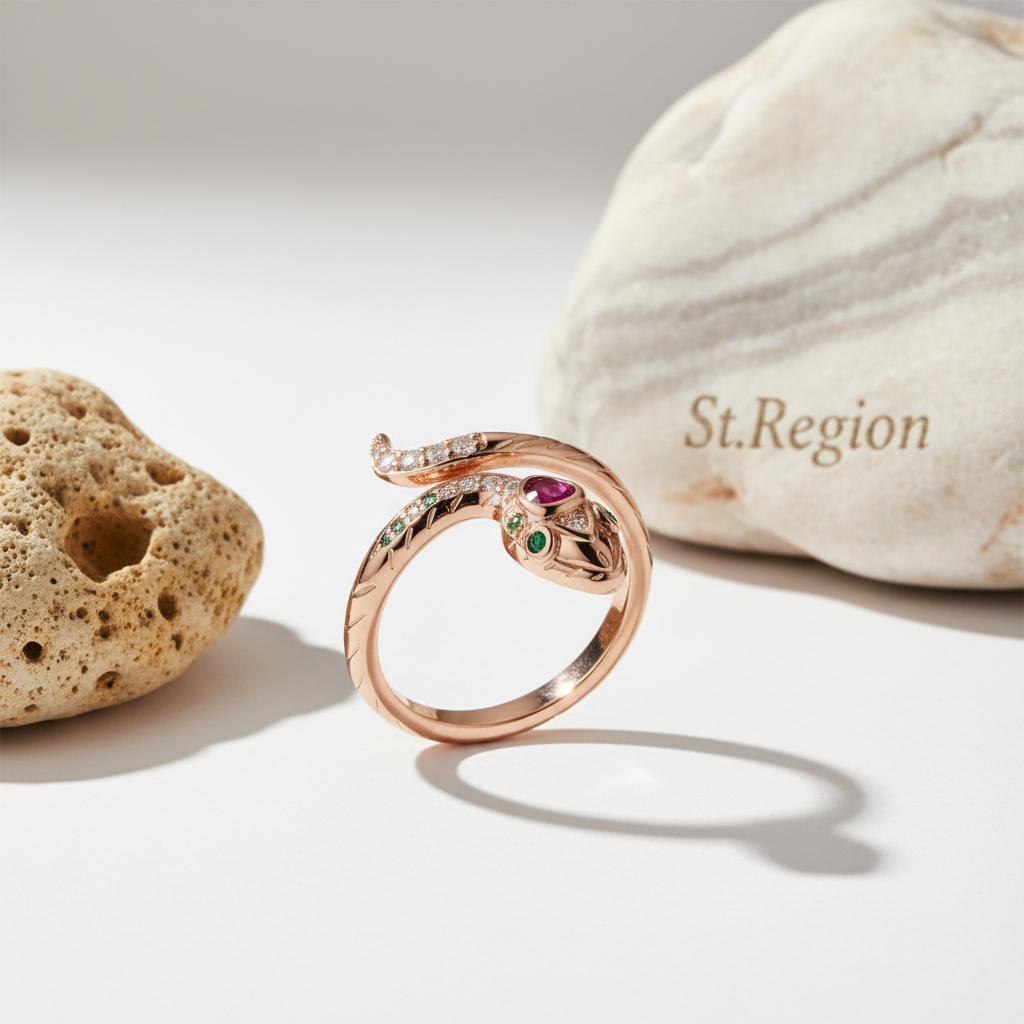 Red Crystal and Cubic Zirconia Snake Adjustable Bypass Ring, statement rings for women, detail close-up
