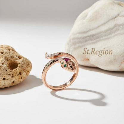 Red Crystal and Cubic Zirconia Snake Adjustable Bypass Ring, statement rings for women, detail close-up