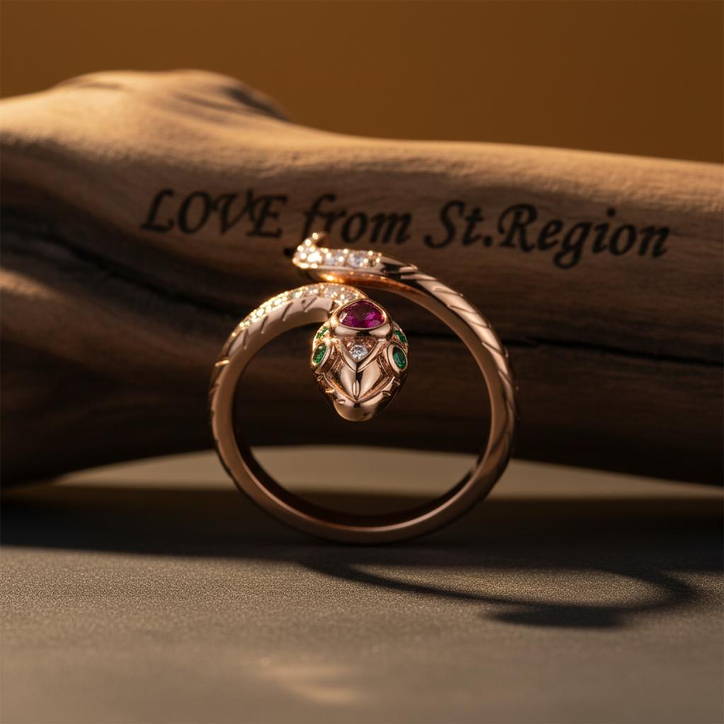 Red Crystal and Cubic Zirconia Snake Adjustable Bypass Ring, statement rings for women, lifestyle look