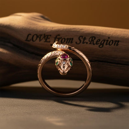 Red Crystal and Cubic Zirconia Snake Adjustable Bypass Ring, statement rings for women, lifestyle look