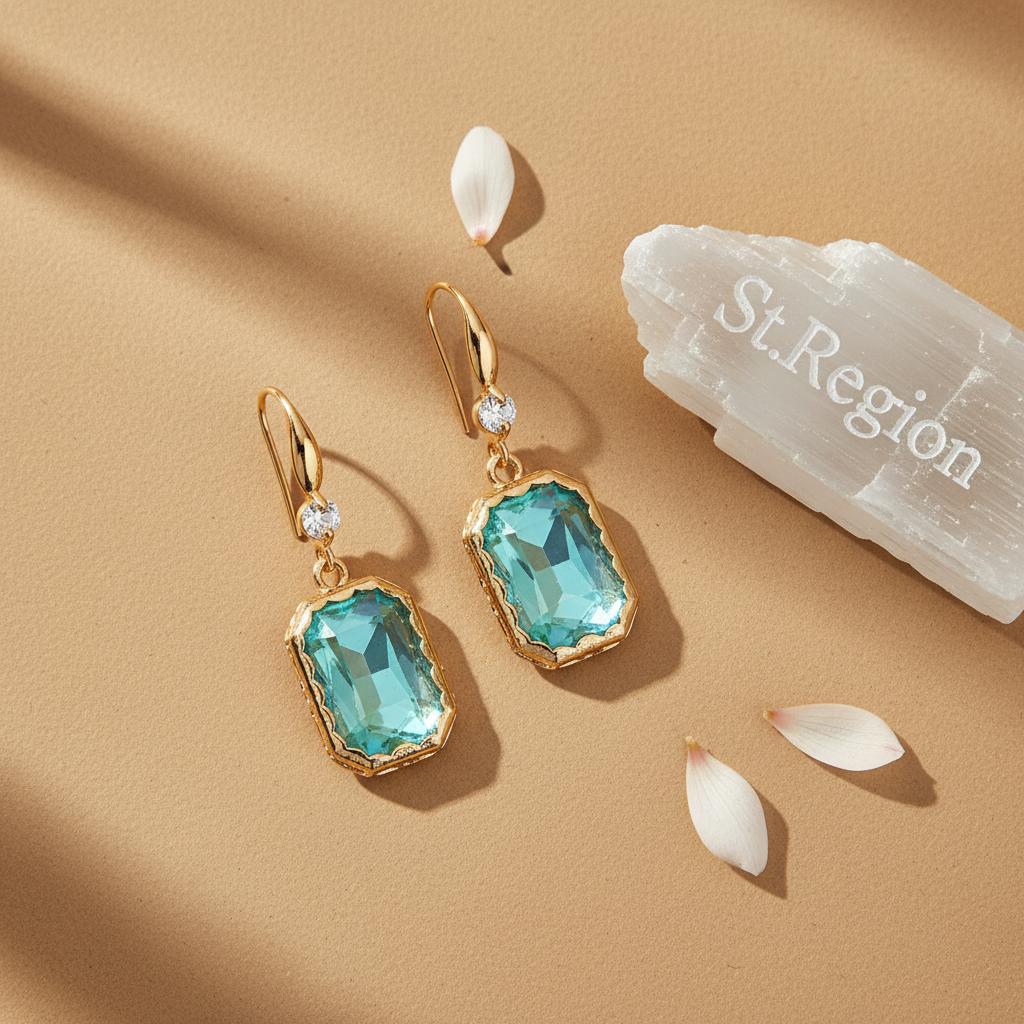 Green Crystal and Cubic Zirconia Goldtone Cushion-Cut Hook Earrings, gold drop earrings for women, detail close-up