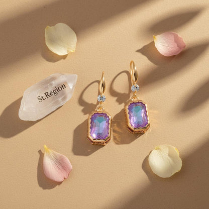 Purple Crystal and Cubic Zirconia Goldtone Cushion-Cut Hook Earrings, gold drop earrings for women, detail close-up