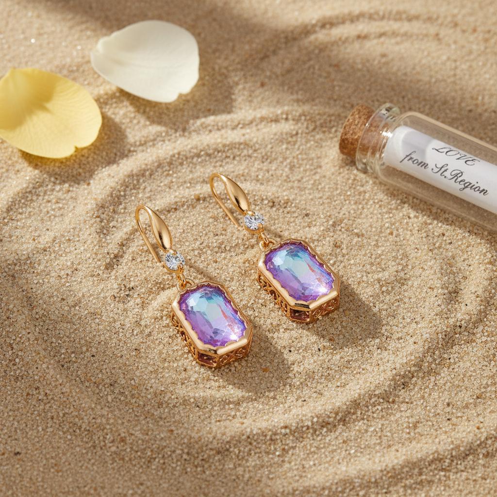 Purple Crystal and Cubic Zirconia Goldtone Cushion-Cut Hook Earrings, gold drop earrings for women, lifestyle look