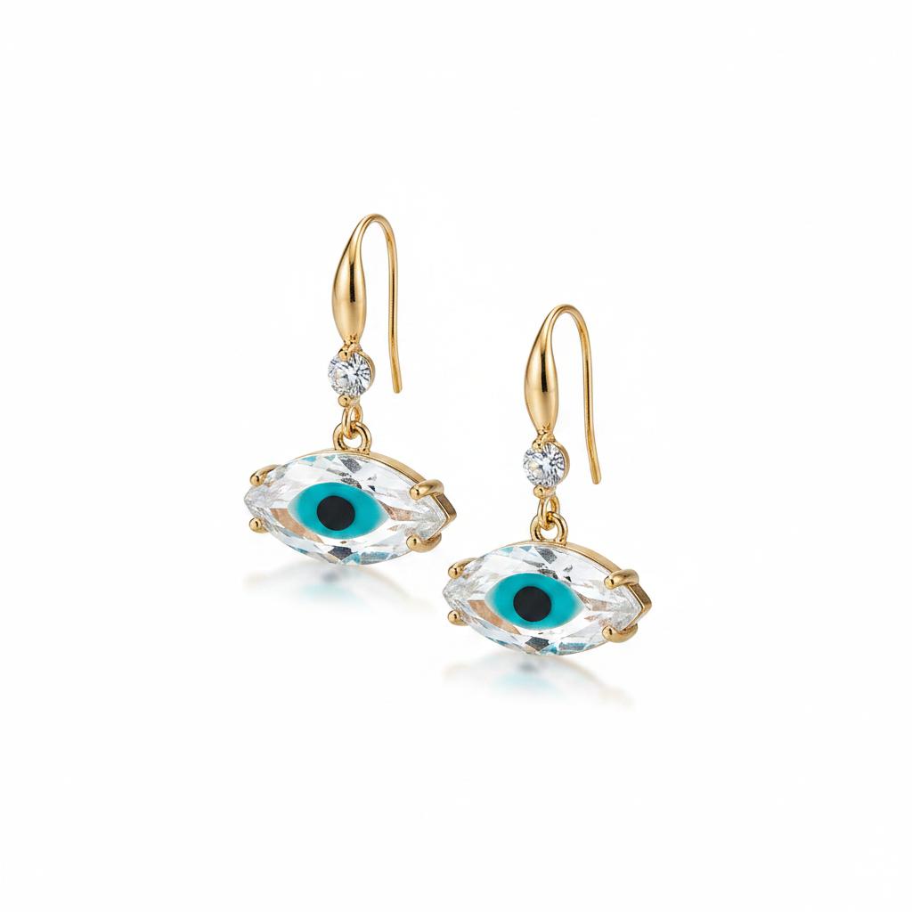 Blue Crystal and Cubic Zirconia Goldtone Eye Hook Earrings, gold drop earrings for women, everyday style, side view