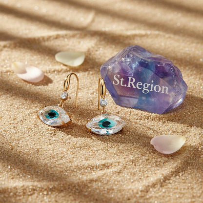 Blue Crystal and Cubic Zirconia Goldtone Eye Hook Earrings, gold drop earrings for women, everyday style, detail close-up