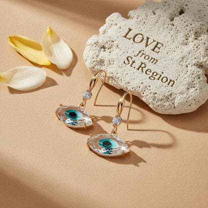Blue Crystal and Cubic Zirconia Goldtone Eye Hook Earrings, gold drop earrings for women, everyday style, lifestyle look