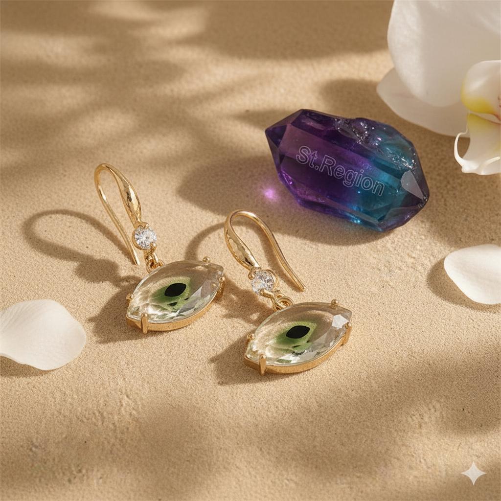 Green Crystal and Cubic Zirconia Goldtone Eye Hook Earrings, gold drop earrings for women, everyday style, detail close-up