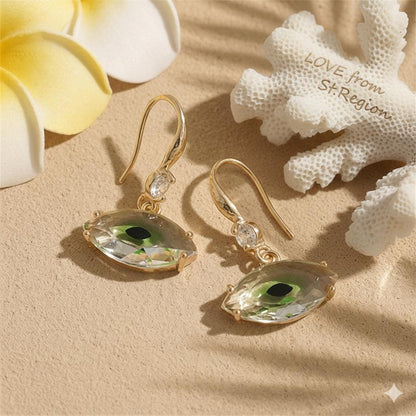 Green Crystal and Cubic Zirconia Goldtone Eye Hook Earrings, gold drop earrings for women, everyday style, lifestyle look