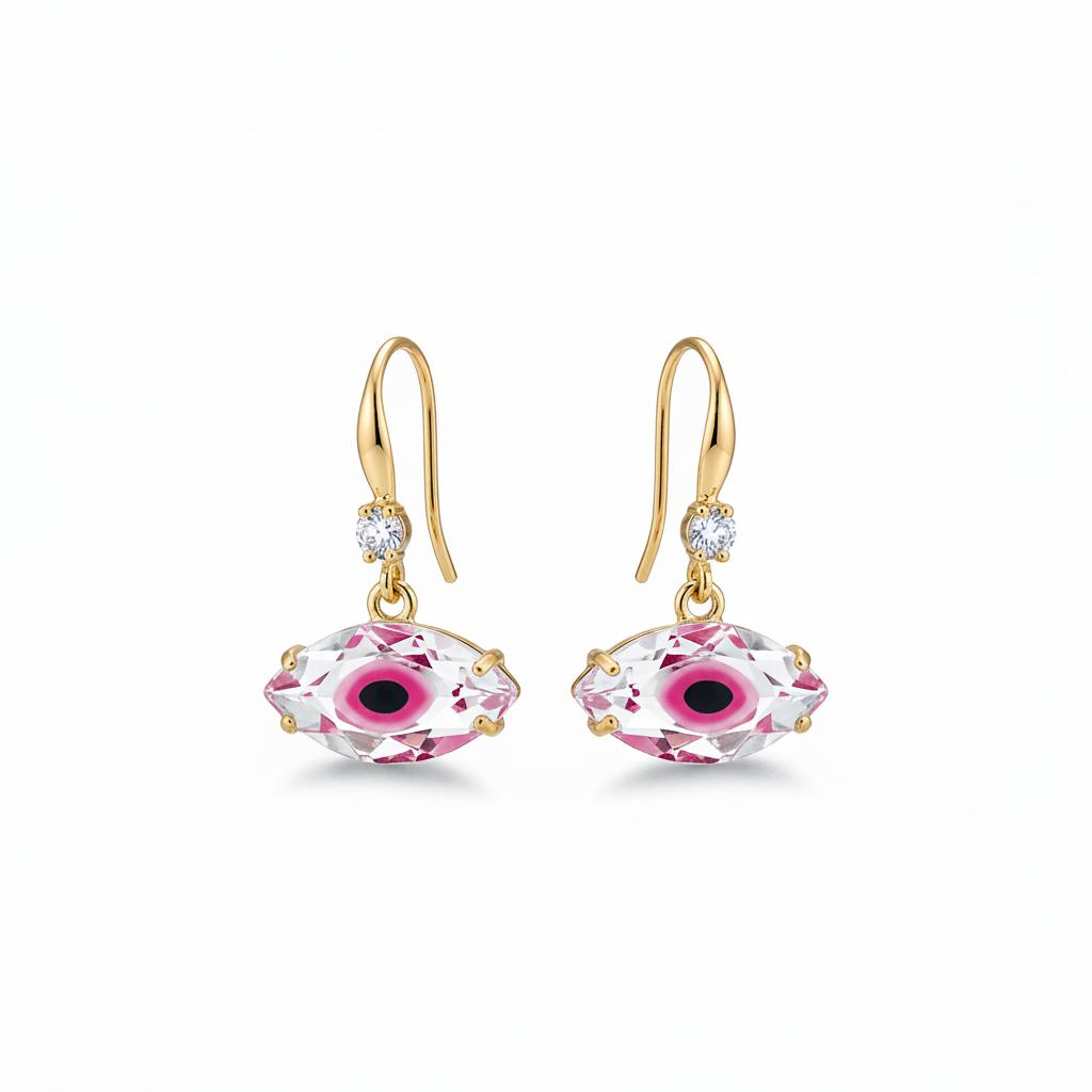 Pink Crystal and Cubic Zirconia Goldtone Eye Hook Earrings, gold drop earrings for women, dainty minimalist design, side view