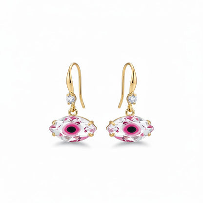Pink Crystal and Cubic Zirconia Goldtone Eye Hook Earrings, gold drop earrings for women, dainty minimalist design, side view
