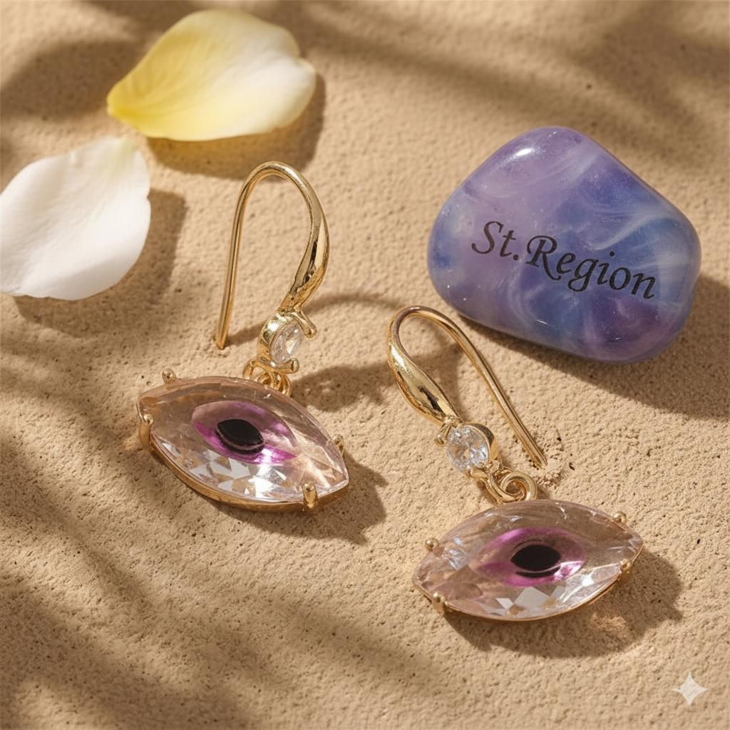 Pink Crystal and Cubic Zirconia Goldtone Eye Hook Earrings, gold drop earrings for women, detail close-up