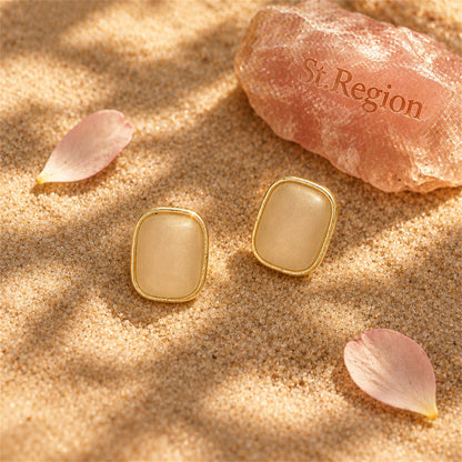 Cats Eye and 18K Gold-Plated Rectangle Stud Earrings, gold stud earrings for women, dainty minimalist design, detail close-up
