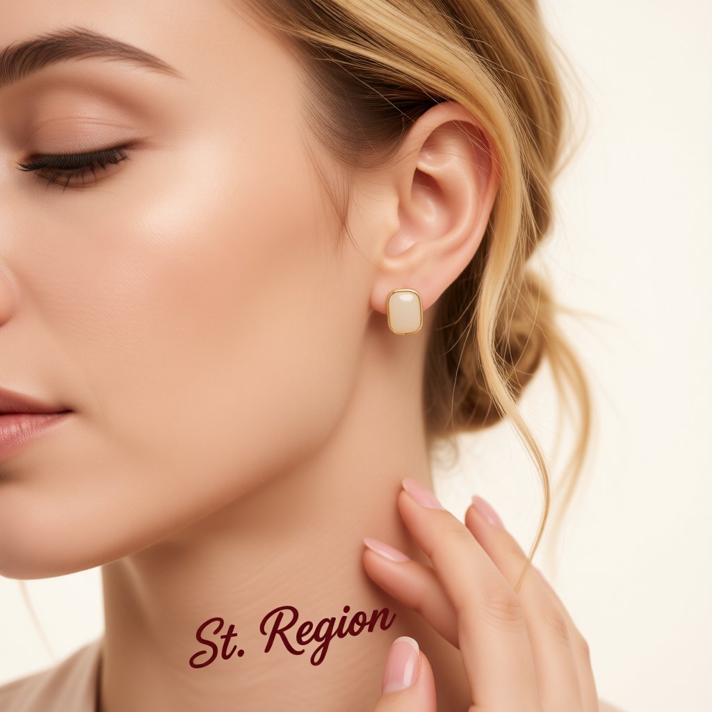 Cats Eye and 18K Gold-Plated Rectangle Stud Earrings, gold stud earrings for women, dainty minimalist design, styled look