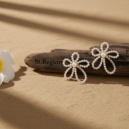 Pearl and 18K Gold-Plated Flower Stud Earrings, cubic zirconia stud earrings for women, vintage-inspired design, front view