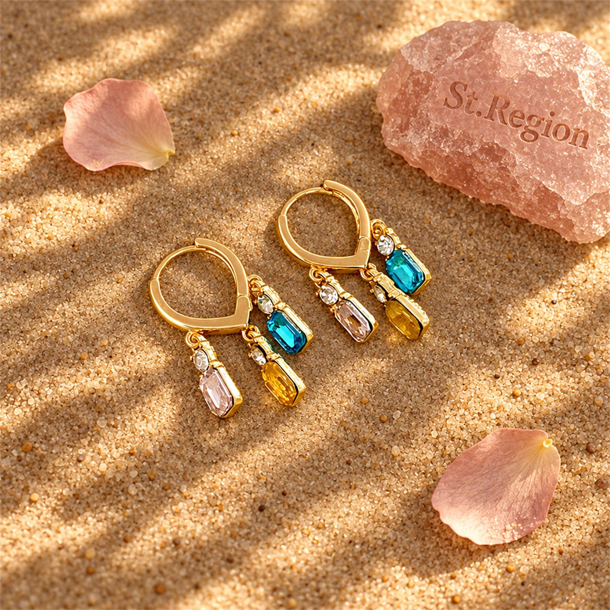 Crystal and 18K Gold-Plated Multicolor Charm Huggie Earrings, gold huggie earrings, vintage-inspired design, detail close-up