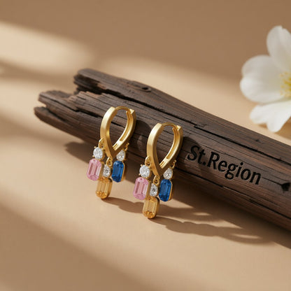 Crystal and 18K Gold-Plated Multicolor Charm Huggie Earrings, gold huggie earrings, vintage-inspired design, front view