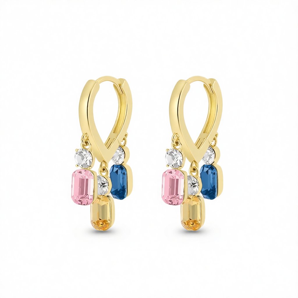 Crystal and 18K Gold-Plated Multicolor Charm Huggie Earrings, gold huggie earrings, vintage-inspired design, side view
