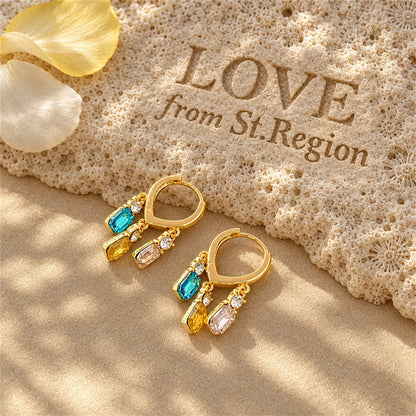 Crystal and 18K Gold-Plated Multicolor Charm Huggie Earrings, gold huggie earrings, vintage-inspired design, lifestyle look
