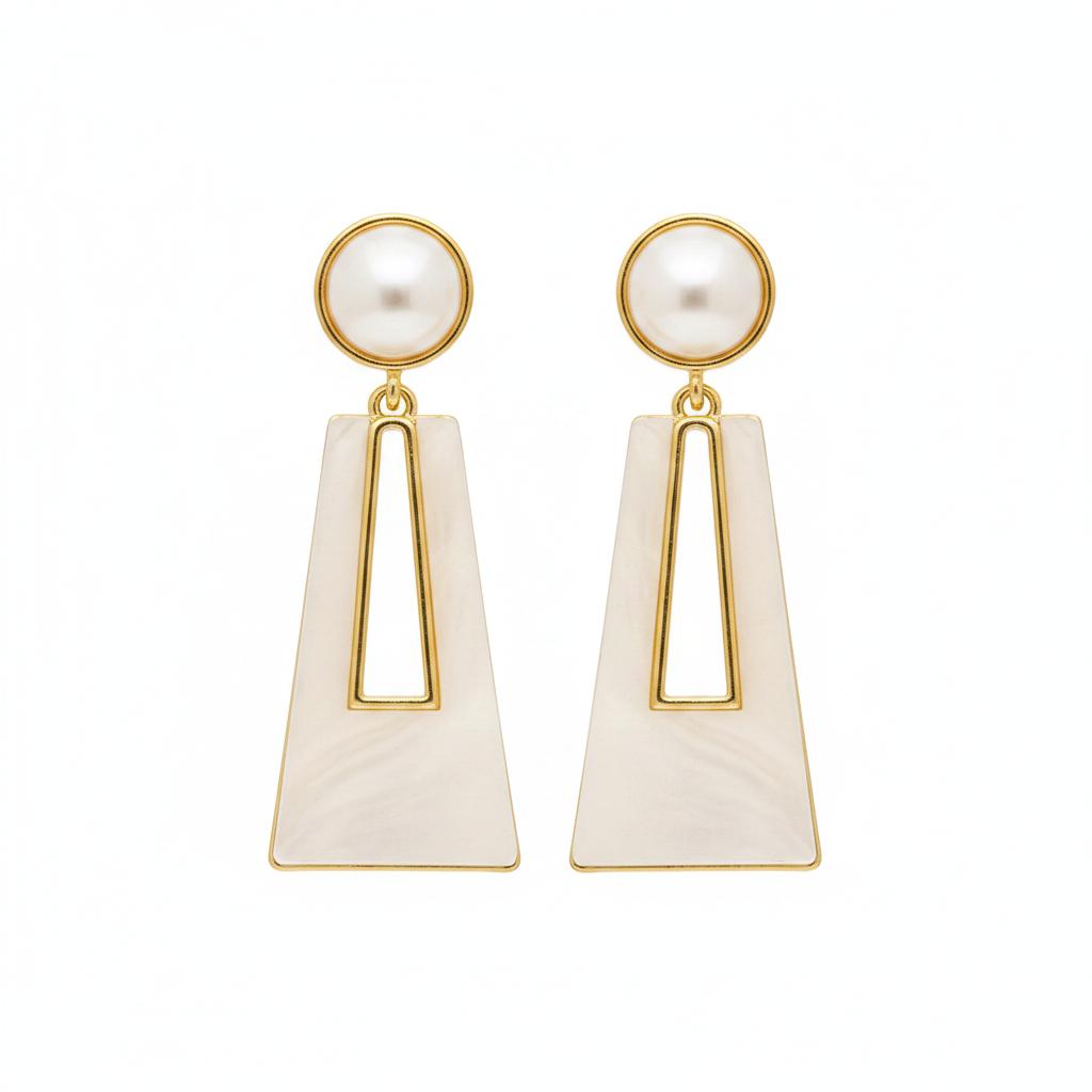 Shell and Pearl 18K Gold-Plated Trapezoid Drop Earrings, gold drop earrings for women, vintage-inspired design, side view