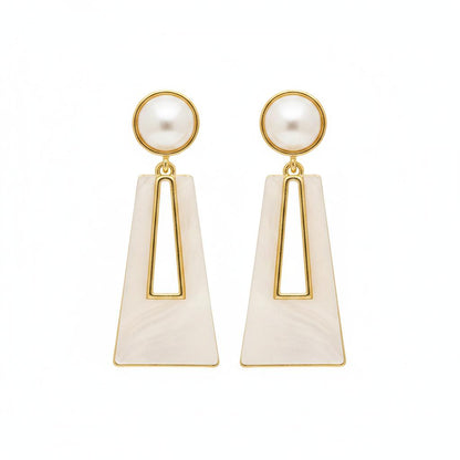 Shell and Pearl 18K Gold-Plated Trapezoid Drop Earrings, gold drop earrings for women, vintage-inspired design, side view