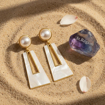 Shell and Pearl 18K Gold-Plated Trapezoid Drop Earrings, gold drop earrings for women, detail close-up