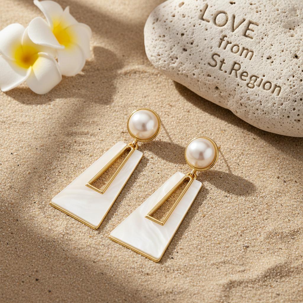 Shell and Pearl 18K Gold-Plated Trapezoid Drop Earrings, gold drop earrings for women, lifestyle look