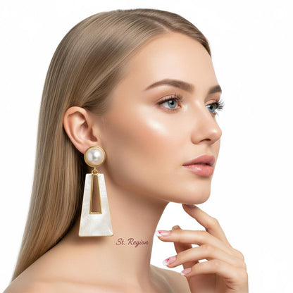 Shell and Pearl 18K Gold-Plated Trapezoid Drop Earrings, gold drop earrings for women, vintage-inspired design, styled look