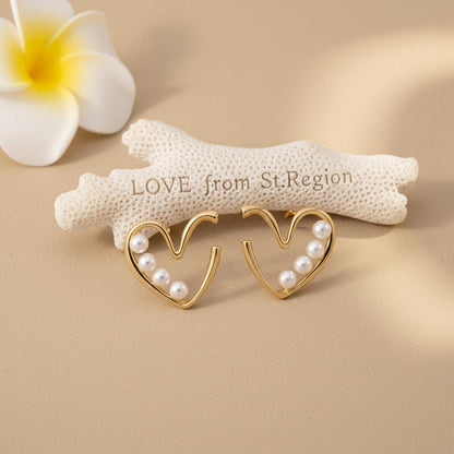 Pearl and 18K Gold-Plated Open Heart Beaded Huggie Earrings, cubic zirconia stud earrings for women, lifestyle look