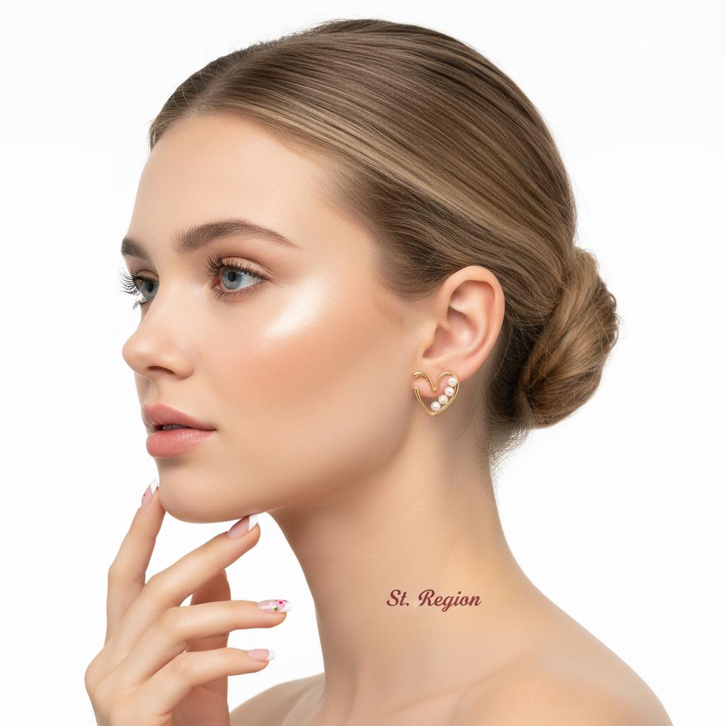 Pearl and 18K Gold-Plated Open Heart Beaded Huggie Earrings, cubic zirconia stud earrings for women, styled look
